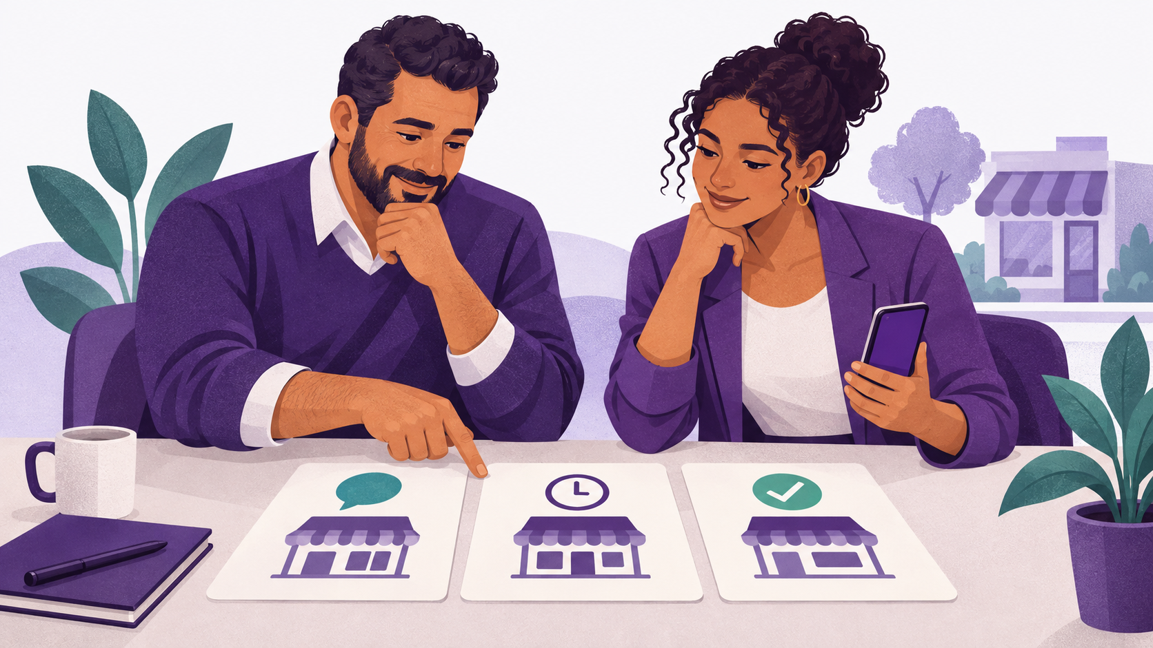 Ilustração de dois profissionais organizando cartões de clientes com símbolos de conversa, prazo e conclusão para planejar o atendimento comercial.